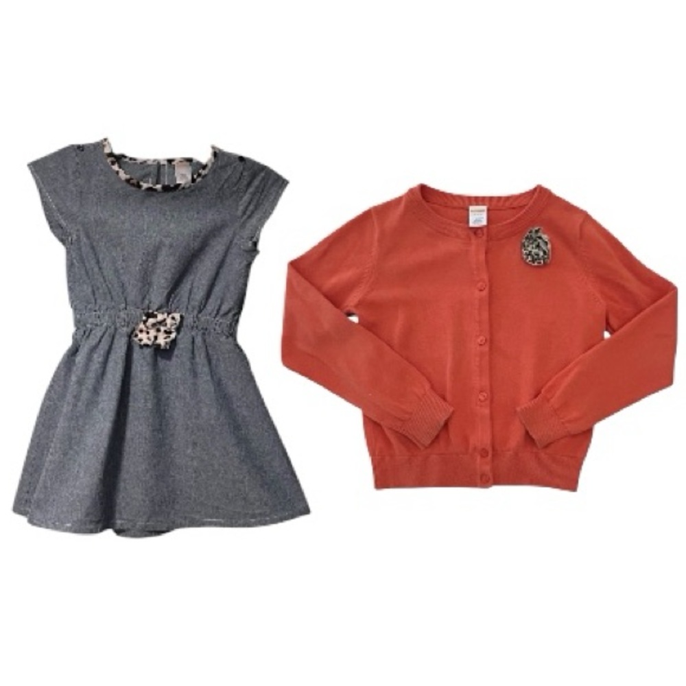 Gymboree Girls 7 Dress & Cardigan Set Denim style Dress Orange Cardigan Leopard